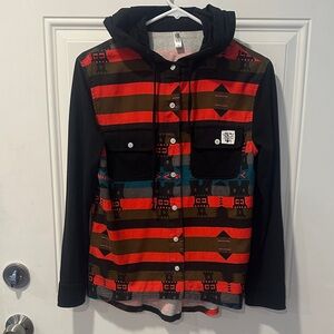 Crooks & Castles women Hooded Button Down Shirt - Red, Black, and Brown small